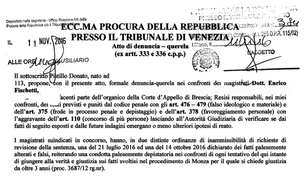 Querela per frode contro il giudice Enrico Fischetti querela Brescia